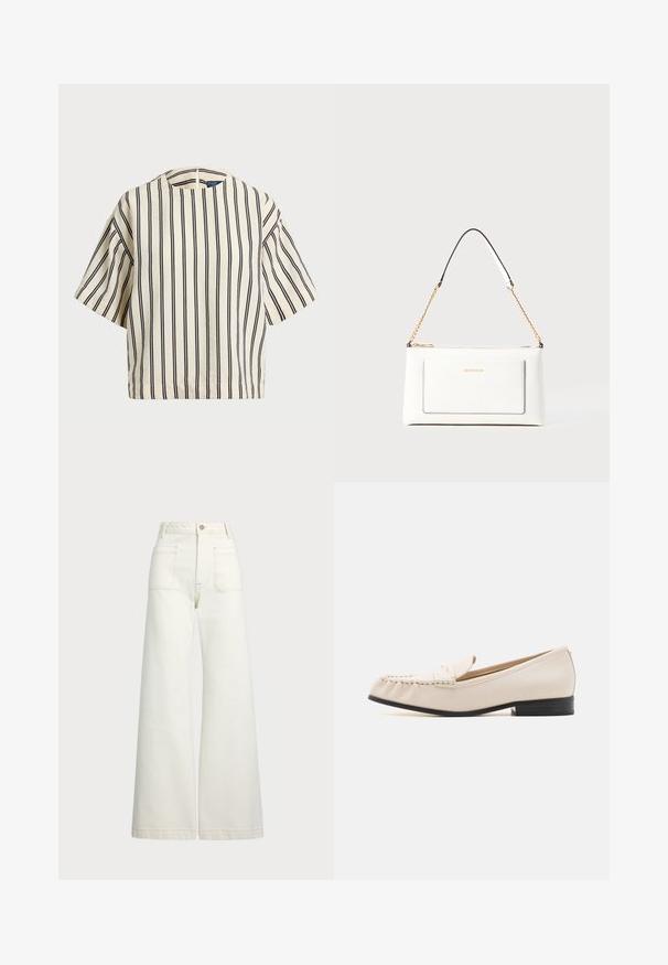 Lyhythihainen, raidallinen paita kirkas- ja tummansinisen sävyissä, jossa on pyöreä pääntie ja laatikkomainen muotoilu tekstuuritetussa kankaassa.; Reisitaskuhousut vaaleanvalkoisesta denimestä. Korkea vyötärö, napitus, kaksi etutaskua ja kontrastiväriset ompeleet.; MICHAEL Michael Kors CARLSON LOAFER - Loaferit/pistokkaat - light cream; Valkoinen nahkalaukku tekstuuripinnalla, jossa on kultaketjuolkaimet ja mustia yksityiskohtia. Mukana etutasku ja vetoketjusulku.