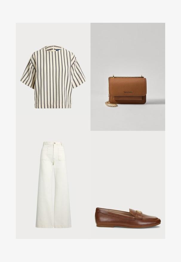 Kortärmad randig topp i krämfärgad och marinblå, med rund halsringning och fyrkantig design i en texturerad tyg.; Vida jeans i off-white denim. Hög midja med knappstängning, två framfickor och kontrastsömnadsdetaljer.; Bruna lädermokasiner med platt sula, med en sömdesign och guldtonade detaljer. Slät textur och rund tå.; Brun texturerad läder crossbody-väska med guldkedja och klaffstängning. Framsidan har logotypdetalj och en ficka under klaffen.