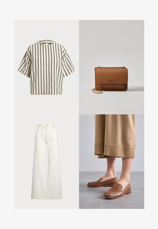 Kreemjas ja tumesinises triibuline lühikeste varrukatega top, millel on ümmargune kaelus ja kastmine disain, valmistatud tekstuurses kangas.; Laiad teksad heledast denimist. Kõrge vöökoht, nööbivöö, kaks esikotitäit ja kontrastsed õmblused.; MICHAEL Michael Kors CARLSON LOAFER - Jalga libistatavad jalanõud - brown; Pruun tekstureeritud nahk ristkeha kott kuldse ahelaga rihmaga ja klapiga sulgemine. Esiküljel on logo detail ja tasku klapi all.