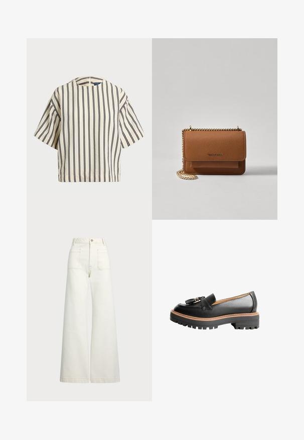 Korte mouwen, gestreepte top in crème en marineblauw, met een ronde halslijn en een boxy ontwerp van een textuurstof.; Wijd-zit jeans van off-white denim. Hooggaande taille met een knoopsluiting, twee voorzakken en contrasterende stikdetails.; Zwarte leren loafer met een ronde neus, decoratieve strikdetail en een stevige zwarte rubberen zool met contrasterende bruine stiksels.; Bruine lederen schoudertas met textuur, voorzien van een gouden kettingstrap en klepsluiting. De voorkant heeft een logo-detail en een zak onder de klep.