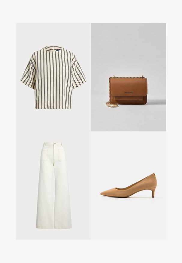 Kreemjas ja tumesinises triibuline lühikeste varrukatega top, millel on ümmargune kaelus ja kastmine disain, valmistatud tekstuurses kangas.; Laiad teksad heledast denimist. Kõrge vöökoht, nööbivöö, kaks esikotitäit ja kontrastsed õmblused.; Küüntega kärgkreen kingad beežist nahast, millel on madal konts ja sile tekstuur. Klassikaline siluett koos kerge tagumise detailiga.; Pruun tekstureeritud nahk ristkeha kott kuldse ahelaga rihmaga ja klapiga sulgemine. Esiküljel on logo detail ja tasku klapi all.