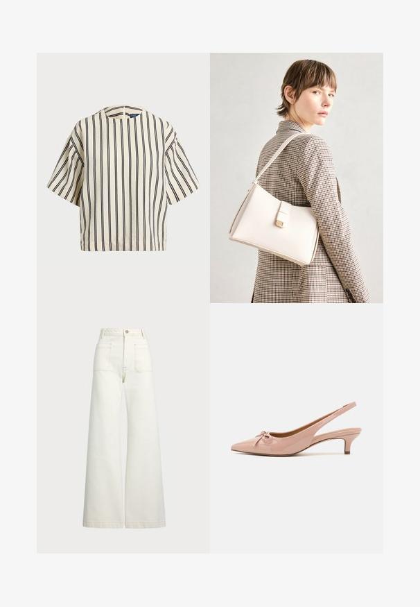 T-skjorte med korte ermer, stripet i kremfarge og marineblå, med rund hals og en boxy design i en strukturert stoff.; Vidde bukser i off-white denim. Høyt liv-design med knappelukking, to frontlommer og kontrastsøm detaljer.; Patent rosa slingback hæler med spiss tå, sløyfedetalj foran og lav kitten hæl. Glatt tekstur med en blank finish.; Hvit lær veske med en strukturert design, med magnetlås og skulderstropp, vist mot en nøytral bakgrunn.