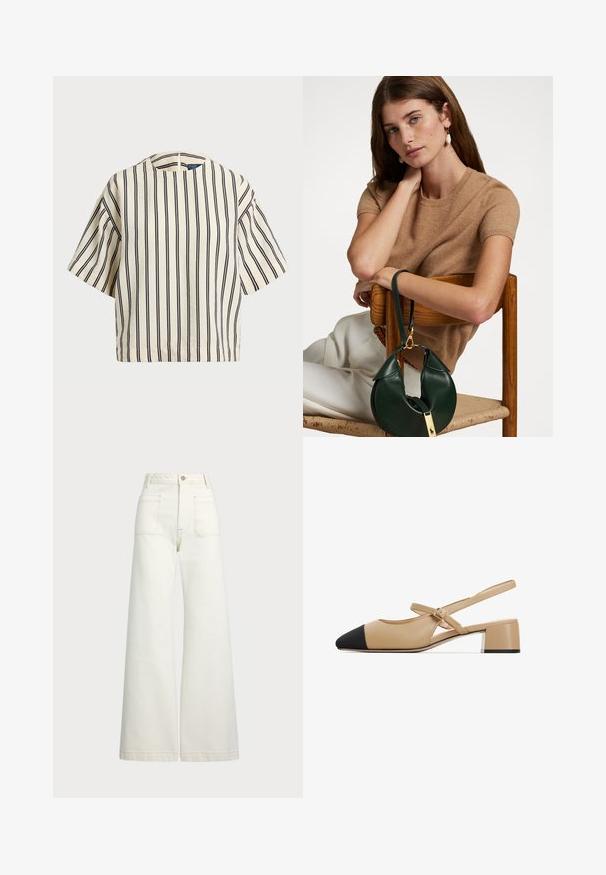 Rövid ujjú, csíkos felső krém és tengerészkék színben, kerek nyakkivágással és dobozos fazonnal, texturált anyagból.; Széles szárú farmernadrág off-white denim anyagból. Magas derekú dizájn, gombos záródással, két elülső zsebbel és kontrasztos varrási részletekkel.; Beige bőr slingback cipők fekete hegyes orral, csatos pánttal és alacsony blokk sarkú, az alján ezüst részlettel.; Barna, rövid ujjú pulóver zöld bőr táskával, amely ívelt formájú és arany részletekkel rendelkezik, egy fa széken ül.