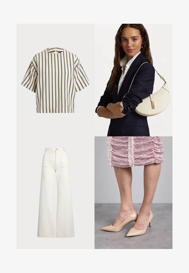 Rövid ujjú, csíkos felső krém és tengerészkék színben, kerek nyakkivágással és dobozos fazonnal, texturált anyagból.; Széles szárú farmernadrág off-white denim anyagból. Magas derekú dizájn, gombos záródással, két elülső zsebbel és kontrasztos varrási részletekkel.; Beige lakkbőr magassarkú cipők hegyes orral és karcsú sarkakkal. Simább textúra és elegáns dizájn. Rózsaszín flitteres ruhával viselve.; Fehér bőr táska ívelt formával, arany kiegészítőkkel és texturált felülettel, sötét zakó és fehér ing fölött viselve.