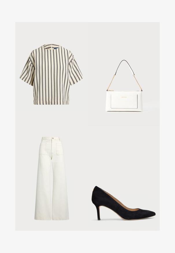 Top de manga curta, riscado em creme e azul marinho, com decote redondo e design boxy em tecido texturizado.; Jeans de perna larga em denim off-white. Design de cintura alta com fecho de botão, dois bolsos frontais e detalhes de costura em contraste.; Sandalha de salto alto em camurça preta com bico fino, salto agulha de 6 cm, e forro interior suave, apresentando um design minimalista e sem hardware visível.; Bolsa de mão branca em couro com acabamento texturizado, featuring a corrente dourada e detalhes pretos. Inclui um bolso frontal e fecho com zipper.