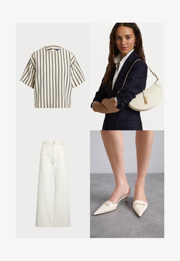 T-shirt à manches courtes, rayé crème et marine, présentant un col rond et un design boxy avec un tissu texturé.; Jeans large en denim écru. Design taille haute avec une fermeture à bouton, deux poches avant et des détails de surpiqûres contrastantes.; Talons slingbacks pointus de couleur crème avec un talon moyen fin, présentant un accent en chaîne dorée sur le cou-de-pied et une texture en cuir lisse.; Sac en cuir blanc à la forme arrondie, avec des accessoires en or et une finition texturée, porté sur un blazer sombre et une chemise blanche.