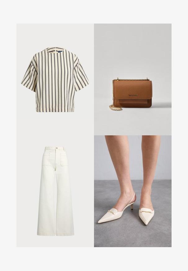 Kreminės ir tamsiai mėlynos juostelės trumpų rankovių marškinėliai, turi apvalų iškirpimą ir dėžutės tipo dizainą, pagaminti iš tekstūruotos medžiagos.; Plati kojinės džinsai of white denimo. Aukštas liemuo, su mygtuko uždarymu, dviem priekinėmis kišenėmis ir kontrastingai siuvinėjimu.; Kremo spalvos, smailėtų pirštų slingback aukštakulniai su plonu vidutinio aukščio kulnu, kurių priekyje yra auksinė grandinė ir švelni odos tekstūra.; Ruda tekstūruota odinė per petį nešama rankinė su auksiniu grandininiu dirželiu ir užlenkiamo užsegimo. Priekinėje pusėje yra logotipo detalė ir kišenė po užlenkimu.