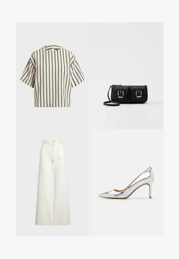 T-skjorte med korte ermer, stripet i kremfarge og marineblå, med rund hals og en boxy design i en strukturert stoff.; Vidde bukser i off-white denim. Høyt liv-design med knappelukking, to frontlommer og kontrastsøm detaljer.; Sølvmetallisk spiss tå høye hæler med en glatt tekstur, 10 cm hæl, og subtil rynkete mønster langs overflaten.; Svart skinn crossbody veske med to frontlommer, gyldne spenner, glidelåslukking og en slank stropp. Teksturert overflate og kompakt rektangulær form.