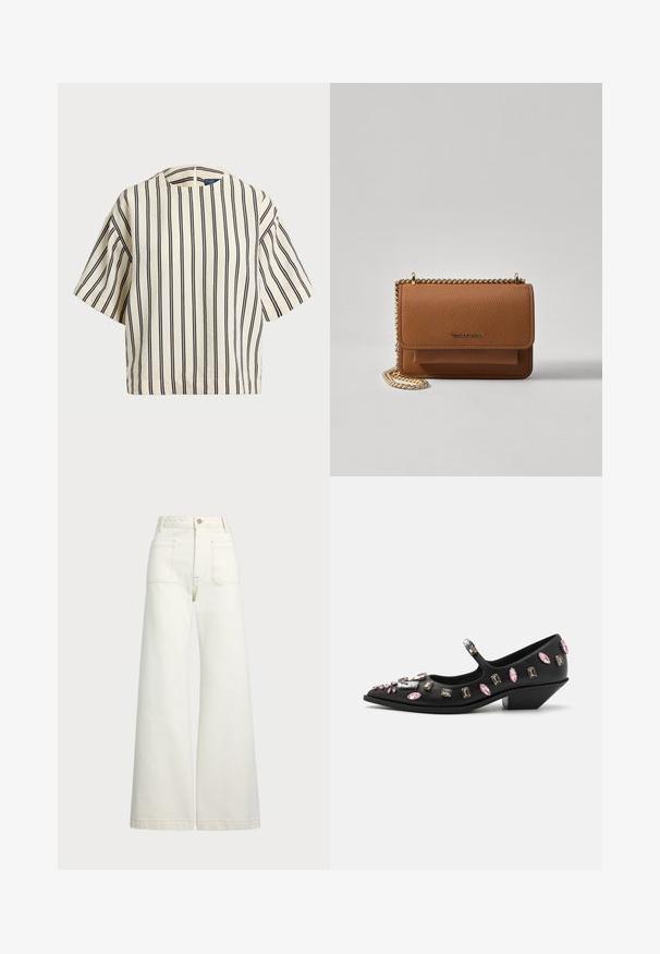 Rövid ujjú, csíkos felső krém és tengerészkék színben, kerek nyakkivágással és dobozos fazonnal, texturált anyagból.; Széles szárú farmernadrág off-white denim anyagból. Magas derekú dizájn, gombos záródással, két elülső zsebbel és kontrasztos varrási részletekkel.; Fekete bőr Mary Jane stílusú cipő, hegyes orral, különféle formájú rózsaszín és átlátszó kövekkel ékesítve, alacsony wedge sarkú.; Barna textúrájú bőr keresztbody táska arany lánc pánttal és fedélzárral. Az elején logó részlet és egy zseb található a fedél alatt.