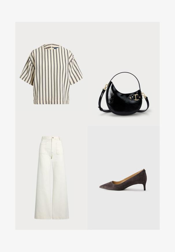 Kratki rukavi, prugasti top u krem i tamnoplavoj boji, sa okruglim izrezom i kutijastim dizajnom od teksturirane tkanine.; Široke traperice u boji krem-paleža. Visoki struk s kopčanjem na dugme, dva prednja džepa i kontrastni šavovi.; Tamnosmeđi antilop cipele s uskim vrhom i niskom petom, s tankom petom i glatkom svijetlosmeđom unutrašnjom oblogom, prikazane u profilu na neutralnoj pozadini.; Crna torbica od lakirane kože s zakrivljenim oblikom, podesivim remenom i detaljem od zlatnog metala sa strane. Glatka, sjajna tekstura.