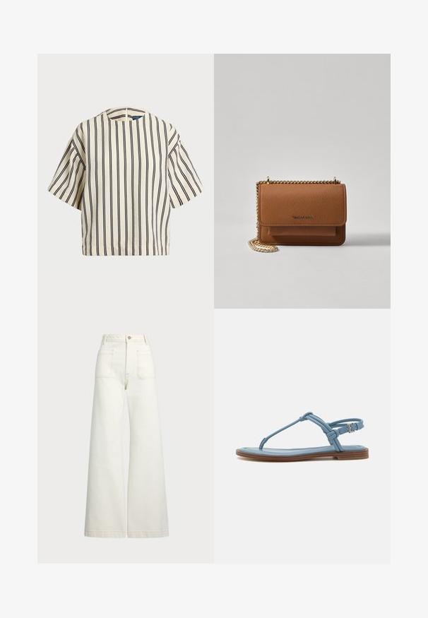 Kratek rokav, prugast top v kremni in mornarsko modri barvi, z okroglim izrezom in kvadratnim dizajnom ter teksturirano tkanino.; Široke jeans hlače v off-white denim tkanini. Visok pas z gumbnim zapiranjem, dvema sprednjima žepoma in detajli kontrastnega šivanja.; Modra usnjena japanka z ravnim podplatom, ki ima ozko naramnico in zaponko okoli gležnja za varno prileganje.; Rjava teksturirana usnjena torba čez ramo z zlatim verižnim trakom in zapiranjem na pokrov. Spredaj je vidna podrobnost logotipa in žep pod pokrovom.