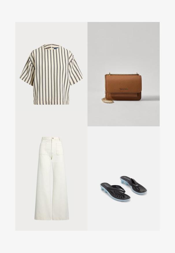 Krótki rękaw, paskowana bluzka w kolorze kremowym i granatowym, z okrągłym dekoltem i pudełkowym krojem, wykonana z fakturowanej tkaniny.; Spodnie dżinsowe o szerokich nogawkach w odcieniu off-white. Wysoki stan z zapięciem na guzik, dwiema kieszeniami z przodu i detalami z kontrastowym przeszyciem.; Czarne i niebieskie klapki Puma z niskimi obcasami blokowymi i paskami w kształcie litery V na białym tle.; Brązowa skórzana torba na ramię z teksturą, z złotym łańcuszkiem i zapięciem na klapkę. Z przodu znajduje się detal z logo oraz kieszeń pod klapką.