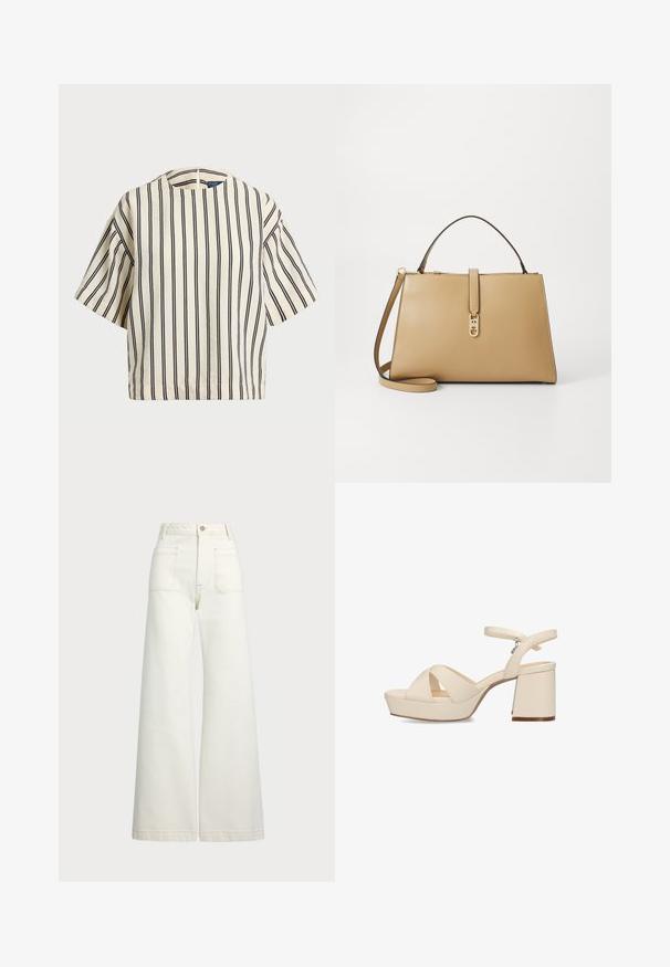 Kortärmad randig topp i krämfärgad och marinblå, med rund halsringning och fyrkantig design i en texturerad tyg.; Vida jeans i off-white denim. Hög midja med knappstängning, två framfickor och kontrastsömnadsdetaljer.; Mexx NALINA NICKY - Sandaletter - cream; Tommy Hilfiger LIBRE SATCHEL - Handväska - safari