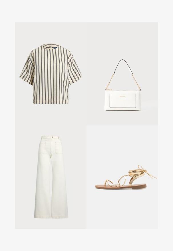 Short-sleeve, striped top in cream and navy, featuring a round neckline and boxy design with a textured fabric.; Wide-leg jeans in off-white denim. High-waisted design with a button closure, two front pockets, and contrast stitching details.; Gold metallic sandals feature a slim sole, decorative straps, and a wrap-around ankle tie. The footbed is brown with a smooth texture.; White leather handbag with a textured finish, featuring a gold chain strap and black accents. Includes a front pocket and zipper closure.