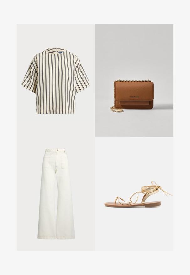 Kreemjas ja tumesinises triibuline lühikeste varrukatega top, millel on ümmargune kaelus ja kastmine disain, valmistatud tekstuurses kangas.; Laiad teksad heledast denimist. Kõrge vöökoht, nööbivöö, kaks esikotitäit ja kontrastsed õmblused.; Kuldmetallist sandaalid on varustatud peene tallaga, dekoratiivsete rihmadega ja keeratava pahkluuse sidemega. Jalatoe osa on pruun ja sileda tekstuuriga.; Pruun tekstureeritud nahk ristkeha kott kuldse ahelaga rihmaga ja klapiga sulgemine. Esiküljel on logo detail ja tasku klapi all.