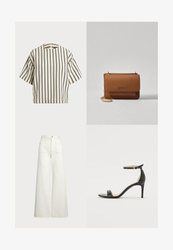 Kreemjas ja tumesinises triibuline lühikeste varrukatega top, millel on ümmargune kaelus ja kastmine disain, valmistatud tekstuurses kangas.; Laiad teksad heledast denimist. Kõrge vöökoht, nööbivöö, kaks esikotitäit ja kontrastsed õmblused.; Must musta kõrgete kontsadega sandaal, millel on pahkluule kinnituv rihm. Omab sileda tekstuuri, avatud varbaosa ning õhukest kontsa. Kuldtooniline pandla detail.; Pruun tekstureeritud nahk ristkeha kott kuldse ahelaga rihmaga ja klapiga sulgemine. Esiküljel on logo detail ja tasku klapi all.