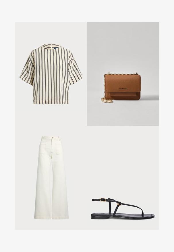 Top de manga curta, riscado em creme e azul marinho, com decote redondo e design boxy em tecido texturizado.; Jeans de perna larga em denim off-white. Design de cintura alta com fecho de botão, dois bolsos frontais e detalhes de costura em contraste.; Sandália plana preta com um design minimalista. Apresenta tiras finas, um apoio para o dedo grande, acentos em metal dourado e uma sola suave e texturizada.; Bolsa crossbody de couro texturizado castanho com alça de corrente dourada e fecho com aba. A parte da frente apresenta detalhe do logótipo e um bolso sob a aba.