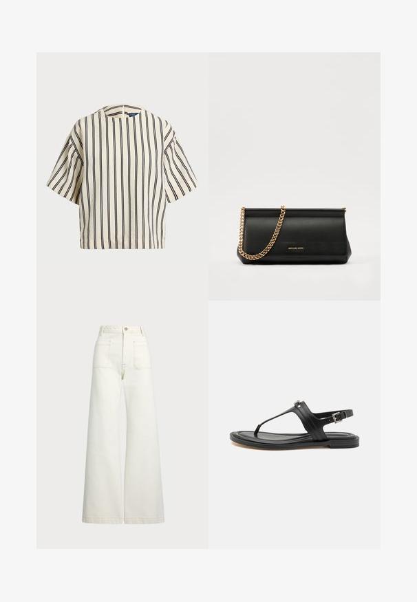 T-shirt à manches courtes, rayé crème et marine, présentant un col rond et un design boxy avec un tissu texturé.; Jeans large en denim écru. Design taille haute avec une fermeture à bouton, deux poches avant et des détails de surpiqûres contrastantes.; Sandale en cuir noir avec une bride de cheville réglable, semelle plate et détail de couture subtil, présentant un accent en argent près de la tige.; Sac à main en cuir noir avec une bandoulière en chaîne dorée, présentant une texture lisse, une forme rectangulaire et une marque embossée à l'avant.
