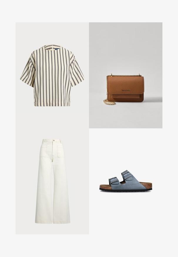Krátky rukáv, pruhovaný top v krémovej a námorníckej modrej farbe, s okrúhlym výstrihom a štvorcovým strihom z texturovanej tkaniny.; Džínsy s širšími nohavicami v off-white denim. Vysoký pás s gombíkovým zapínaním, dve predné vrecká a kontrastné švy.; Dvoje sandálov so strapcami vyrobené z jemnej modrej kože s korkovou stielkou a čiernou gumovou podrážkou. Obsahujú lesklé strieborné pracky na každom remeni.; Hnedá textúrovaná kožená taška cez telo s zlatým reťazovým popruhom a preklopným uzáverom. Predná strana obsahuje detail s logom a vrecko pod preklopkou.