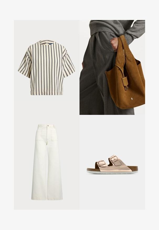 Kortärmad randig topp i krämfärgad och marinblå, med rund halsringning och fyrkantig design i en texturerad tyg.; Vida jeans i off-white denim. Hög midja med knappstängning, två framfickor och kontrastsömnadsdetaljer.; Rosa guldfärgade slidesandaler med två justerbara metallspännen, korkfotbädd och vit gummisula. Slät metallisk yta, öppen tå-design.; Brun mocka toteväska med rund form, dubbla handtag och en metallutsmyckning. Har en liten logotyp på framsidan.