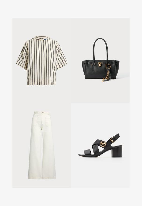 Short-sleeve, striped top in cream and navy, featuring a round neckline and boxy design with a textured fabric.; Wide-leg jeans in off-white denim. High-waisted design with a button closure, two front pockets, and contrast stitching details.; Black leather sandal with crisscross straps and a round MK logo. The block heel is medium height, providing stability and a sleek design.; Black leather handbag with double handles, gold lock and chain detail, and black-and-white tassel accessory against white background.