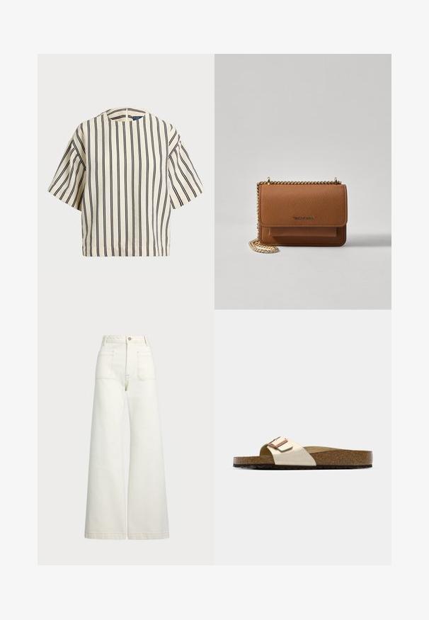 Rövid ujjú, csíkos felső krém és tengerészkék színben, kerek nyakkivágással és dobozos fazonnal, texturált anyagból.; Széles szárú farmernadrág off-white denim anyagból. Magas derekú dizájn, gombos záródással, két elülső zsebbel és kontrasztos varrási részletekkel.; Csúszó szandál, világos fémes felsőrésszel, parafa talpbetéttel és texturált barna gumitalppal. Csattos részlet logóval kiemelve.; Barna textúrájú bőr keresztbody táska arany lánc pánttal és fedélzárral. Az elején logó részlet és egy zseb található a fedél alatt.