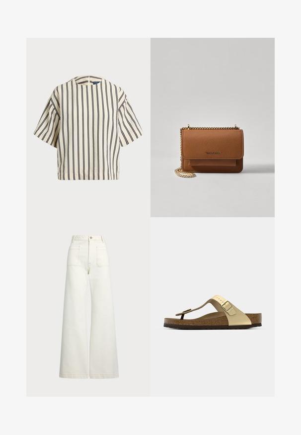 Kortærmet, stribet top i creme og marineblå, med rund halsudskæring og boxy design i et tekstureret stof.; Pæne brede jeans i off-white denim. Høj talje med knaplukning, to forlommer og detaljer med kontrastsyning.; Kork sål sandal i lys guld med en thong-design og justerbar spænde. Har en tekstureret ydersål for godt greb. Neutral farveskema.; Brun tekstureret læder crossover-taske med guldkæde-rem og klaplukning. Forsiden har logo-detalje og en lomme under klappen.