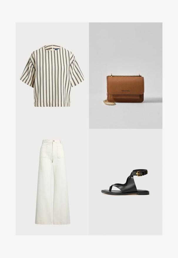 T-skjorte med korte ermer, stripet i kremfarge og marineblå, med rund hals og en boxy design i en strukturert stoff.; Vidde bukser i off-white denim. Høyt liv-design med knappelukking, to frontlommer og kontrastsøm detaljer.; Svarte lær sandaler med et stilrent design, åpen tå og justerbar ankelreim med detaljer i gulltone. Flat såle.; Brun teksturert lær crossover-veske med gullkjede-stropp og klaffelukking. Fronten har logo-detalj og en lomme under klaffen.