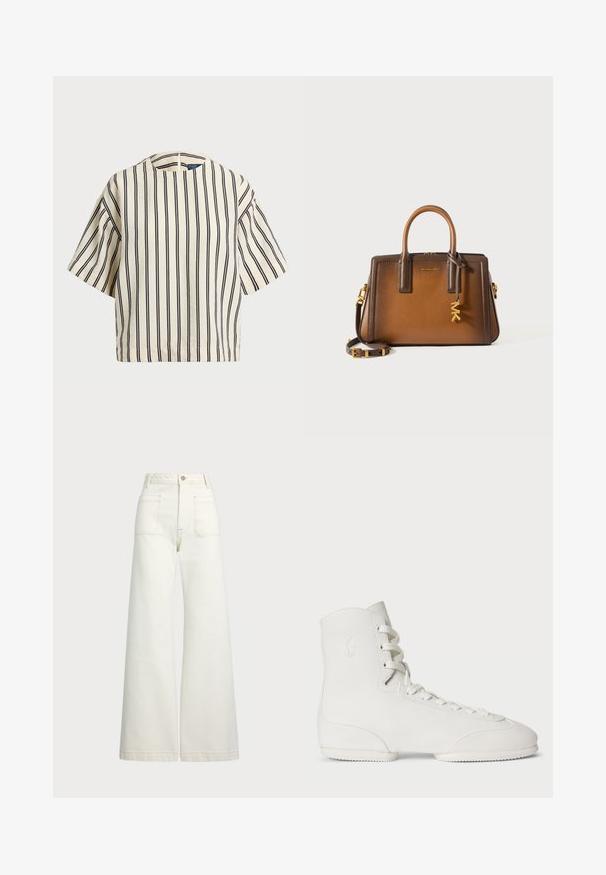 T-skjorte med korte ermer, stripet i kremfarge og marineblå, med rund hals og en boxy design i en strukturert stoff.; Vidde bukser i off-white denim. Høyt liv-design med knappelukking, to frontlommer og kontrastsøm detaljer.; Polo Ralph Lauren THE HIGH TOP PONY BALLERINA SNEAKER - Høye joggesko - white; Brun lærveske med dobbel topphåndtak, avtakbar skulderstropp, gullfarget hardware og en dekorativ anheng med bokstavene "MK."