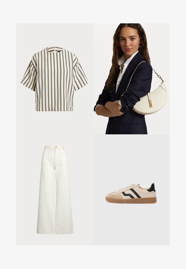 Short-sleeve, striped top in cream and navy, featuring a round neckline and boxy design with a textured fabric.; Wide-leg jeans in off-white denim. High-waisted design with a button closure, two front pockets, and contrast stitching details.; Beige sneaker with black stripes, suede toe and heel accents, textured rubber sole, and flat laces. Minimalistic design and neutral colors.; White leather handbag with a curved shape, gold hardware, and a textured finish, worn over a dark blazer and white shirt.