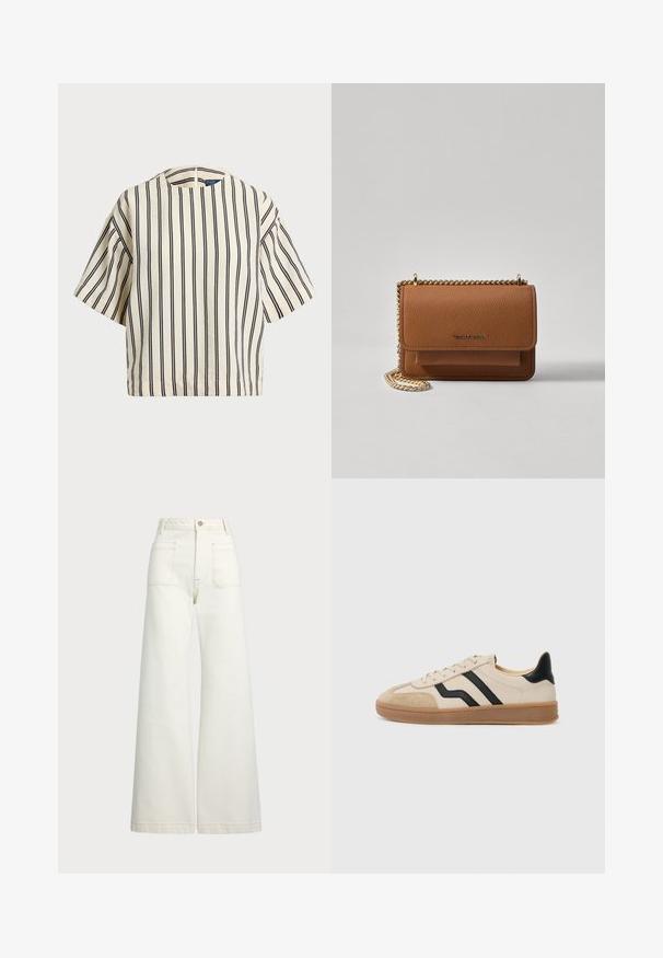 Short-sleeve, striped top in cream and navy, featuring a round neckline and boxy design with a textured fabric.; Wide-leg jeans in off-white denim. High-waisted design with a button closure, two front pockets, and contrast stitching details.; Beige sneaker with black stripes, suede toe and heel accents, textured rubber sole, and flat laces. Minimalistic design and neutral colors.; Brown textured leather crossbody bag with gold chain strap and flap closure. Front features logo detail and a pocket under the flap.