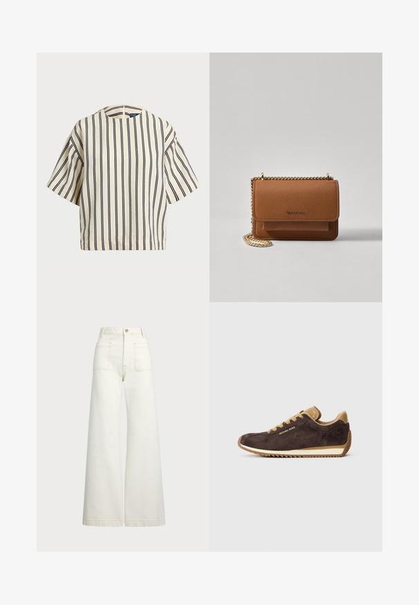 Top de manga corta a rayas en crema y azul marino, con cuello redondo y un diseño cuadrado, confeccionado en una tela texturizada.; Jeans de pierna ancha en denim color blanco roto. Diseño de cintura alta con cierre de botón, dos bolsillos frontales y detalles de costura en contraste.; Zapatilla de ante marrón con acentos de cuero color beige, presenta cordones redondos, suela de goma beige y el logo de "Michael Kors" en el lado exterior.; Bolso crossbody de cuero texturizado marrón con correa de cadena dorada y cierre de solapa. La parte frontal presenta un detalle de logo y un bolsillo debajo de la solapa.