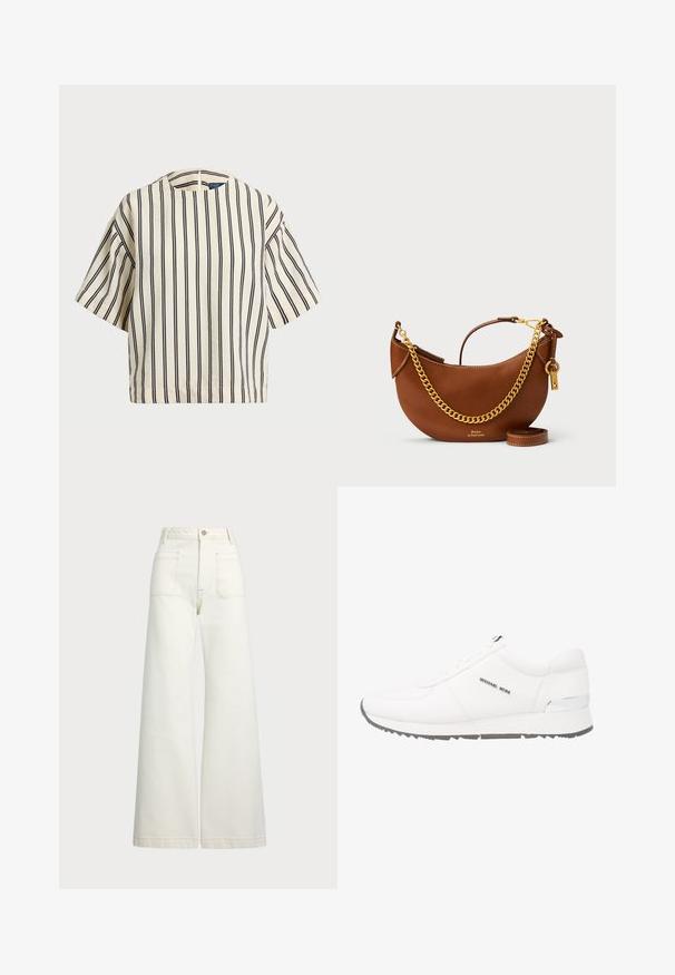 Lyhythihainen, raidallinen paita kirkas- ja tummansinisen sävyissä, jossa on pyöreä pääntie ja laatikkomainen muotoilu tekstuuritetussa kankaassa.; Reisitaskuhousut vaaleanvalkoisesta denimestä. Korkea vyötärö, napitus, kaksi etutaskua ja kontrastiväriset ompeleet.; Valkoinen nahkakenkä, jossa on sileä pinta, harmaa kumipohja, seitsemän nauha-aukkoa ja hopeinen yksityiskohta kantapäässä. Logo on esillä sivulla.; Ruskea nahkakäsilaukku, jossa on kaareva muotoilu, kultaketjuhihna, sisätasku ja irrotettava olkahihna. Ominaisuuksina on kontrastivärinen ommel.