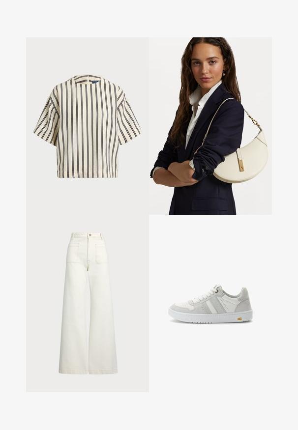 Short-sleeve, striped top in cream and navy, featuring a round neckline and boxy design with a textured fabric.; Wide-leg jeans in off-white denim. High-waisted design with a button closure, two front pockets, and contrast stitching details.; White and light gray sneaker, leather and suede mix, round toe, lace-up design, textured sole, side stripes, and a small yellow accent.; White leather handbag with a curved shape, gold hardware, and a textured finish, worn over a dark blazer and white shirt.