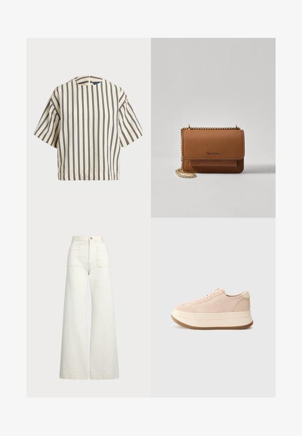 Top a maniche corte a righe in crema e blu navy, con scollatura rotonda e design squadrato, realizzato in un tessuto texturizzato.; Jeans a gamba larga in denim bianco sporco. Design a vita alta con chiusura a bottone, due tasche frontali e dettagli di cucitura a contrasto.; Sneaker in suede rosa con punta arrotondata, chiusura lacci e suola platform. Presenta dettagli testurizzati e un linguetta sul tallone di colore crema a contrasto.; Borsa a tracolla in pelle marrone con texture, dotata di catena dorata e chiusura a pattina. Sul davanti presenta un dettaglio con logo e una tasca sotto la pattina.