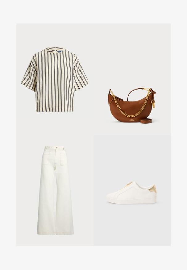 Top de manga curta, riscado em creme e azul marinho, com decote redondo e design boxy em tecido texturizado.; Jeans de perna larga em denim off-white. Design de cintura alta com fecho de botão, dois bolsos frontais e detalhes de costura em contraste.; Tênis brancos tipo slip-on feitos em couro liso, com um fecho dourado e um detalhe próximo ao calcanhar com acabamento texturizado e logótipo gravado na lateral.; Bolsa de mão de couro castanho com um design curvado, alça de corrente dourada, bolso interior e uma alça de ombro destacável. Apresenta costura em contraste.