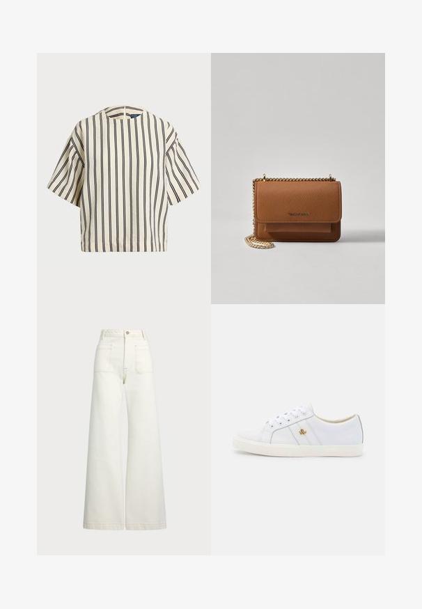 Top de manga curta, riscado em creme e azul marinho, com decote redondo e design boxy em tecido texturizado.; Jeans de perna larga em denim off-white. Design de cintura alta com fecho de botão, dois bolsos frontais e detalhes de costura em contraste.; Lauren Ralph Lauren JANSON II ACTION LEATHER SNEAKER - Sapatilhas - real white; Bolsa crossbody de couro texturizado castanho com alça de corrente dourada e fecho com aba. A parte da frente apresenta detalhe do logótipo e um bolso sob a aba.