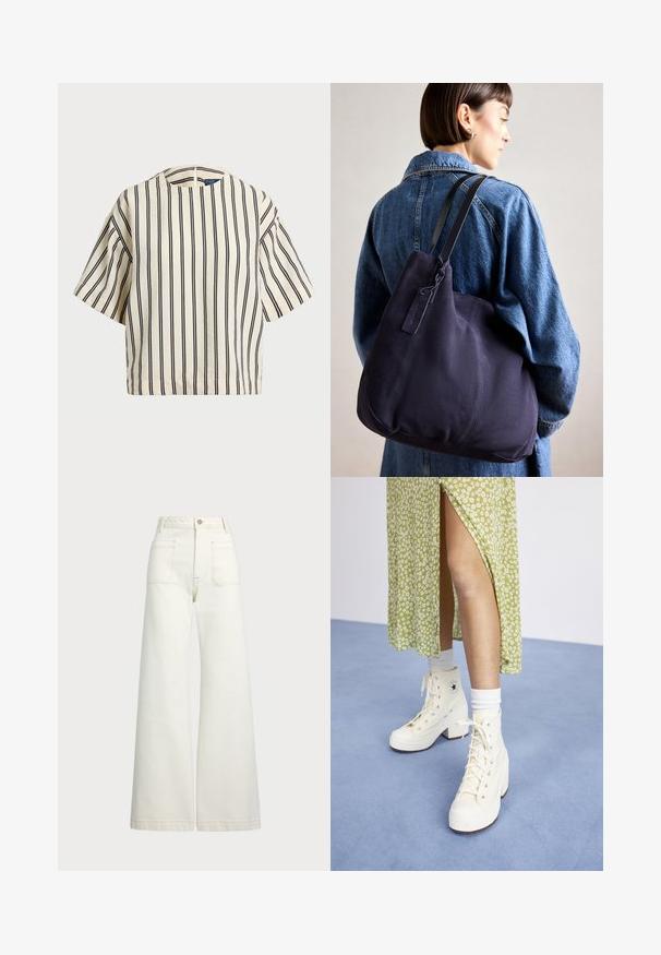 Kreminės ir tamsiai mėlynos juostelės trumpų rankovių marškinėliai, turi apvalų iškirpimą ir dėžutės tipo dizainą, pagaminti iš tekstūruotos medžiagos.; Plati kojinės džinsai of white denimo. Aukštas liemuo, su mygtuko uždarymu, dviem priekinėmis kišenėmis ir kontrastingai siuvinėjimu.; Baltos aukštos platformos sportbačiai su raišteliais ir sidabro akimis, derinami su baltomis kompresinėmis kojinėmis, ant šviesiai mėlynos grindų.; Tamsiai mėlynas drobės petinis krepšys su minkšta, struktūruota forma, pasižymintis juodu diržu, siuvinėtomis detalėmis ir mažyčiu prekės ženklo žymekliu.