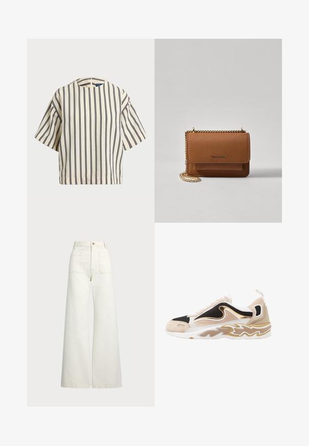 Top a maniche corte a righe in crema e blu navy, con scollatura rotonda e design squadrato, realizzato in un tessuto texturizzato.; Jeans a gamba larga in denim bianco sporco. Design a vita alta con chiusura a bottone, due tasche frontali e dettagli di cucitura a contrasto.; Sneaker con una toma superiore in rete nera, accenti in suede color cammello e un dettaglio metallico dorato. Presenta una suola bianca con un design a motivo ondulato.; Borsa a tracolla in pelle marrone con texture, dotata di catena dorata e chiusura a pattina. Sul davanti presenta un dettaglio con logo e una tasca sotto la pattina.