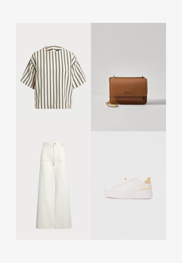 Kurzärmliges, gestreiftes Oberteil in Creme und Marineblau, mit rundem Halsausschnitt und kastiger Form aus strukturiertem Stoff.; Weite Jeans aus off-white Denim. Hoch tailliertes Design mit Knopfverschluss, zwei Fronttaschen und kontrastierenden Stickdetails.; Weißer Sneaker mit schmalem Lederobermaterial, kontrastierendem gelben Fersenstück, dicker weißer Plattformsohle und minimalistischem Schnürdesign.; Braune strukturierte Ledertasche mit goldener Kettenriemen und Klappenverschluss. Die Vorderseite zeigt ein Logo-Detail und eine Tasche unter der Klappe.