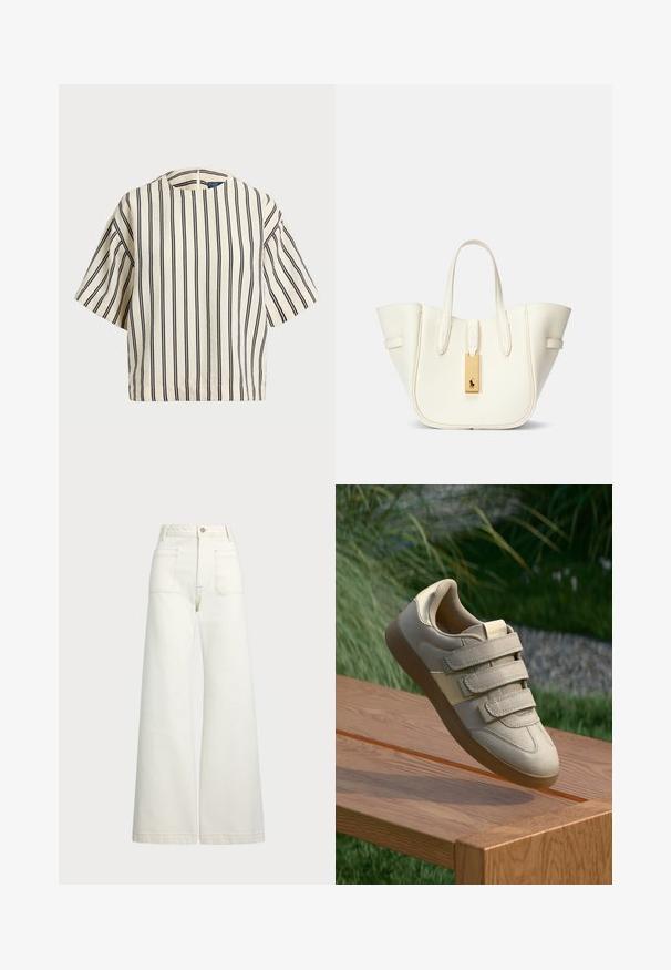Short-sleeve, striped top in cream and navy, featuring a round neckline and boxy design with a textured fabric.; Wide-leg jeans in off-white denim. High-waisted design with a button closure, two front pockets, and contrast stitching details.; Beige sneakers with three Velcro straps, smooth faux suede material, rounded toe, and a gum sole, displayed on a wooden surface.; White leather tote bag with a structured shape, prominent stitching, gold hardware tag, and dual handles. Textured surface with side pockets.