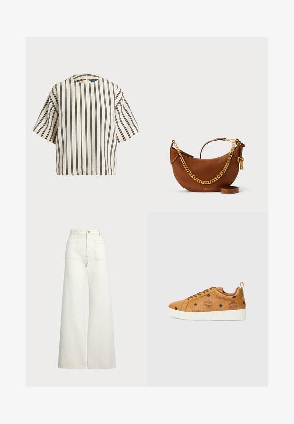 Kreemjas ja tumesinises triibuline lühikeste varrukatega top, millel on ümmargune kaelus ja kastmine disain, valmistatud tekstuurses kangas.; Laiad teksad heledast denimist. Kõrge vöökoht, nööbivöö, kaks esikotitäit ja kontrastsed õmblused.; Pruunist nahast treeningjalanõud valgete kummist talladega, millel on mustad diamantruudud ja MCM logo külgedel. Kaasas on paelad ja taga olev silt.; Pruun nahast käekott kaarjate joontega, kullast ketirihm, sisemine tasku ja eemaldatav õlarihm. Omab kontrastset õmblust.