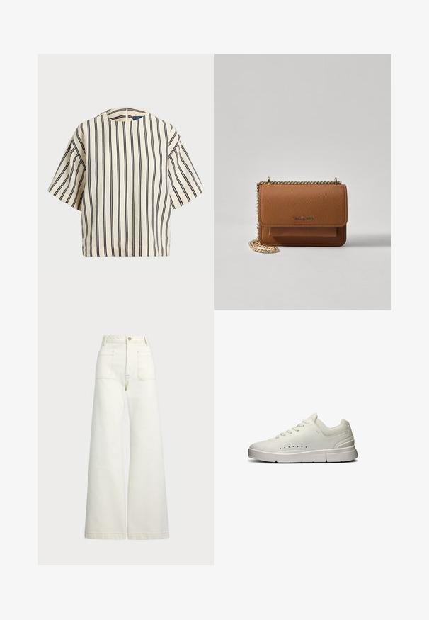Short-sleeve, striped top in cream and navy, featuring a round neckline and boxy design with a textured fabric.; Wide-leg jeans in off-white denim. High-waisted design with a button closure, two front pockets, and contrast stitching details.; White athletic sneakers with a smooth leather upper, mesh accents, flat laces, perforated details on the side, and a textured rubber sole.; Brown textured leather crossbody bag with gold chain strap and flap closure. Front features logo detail and a pocket under the flap.