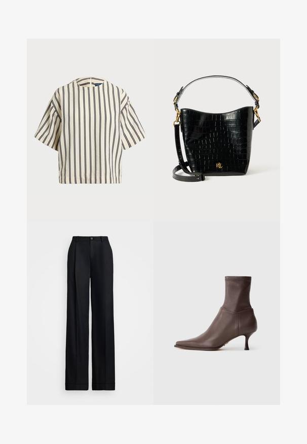 Kreemjas ja tumesinises triibuline lühikeste varrukatega top, millel on ümmargune kaelus ja kastmine disain, valmistatud tekstuurses kangas.; Mustad laiad püksid mustas värvuses, millel on sile viimistlus, lame esiosa, vöökohas vöölõngad ja ühekordne nööp sulgemiseks.; Pruun nahast pahkluu saapad terava ninaga ja õhukese keskmise kõrgusega kontsaga valgel taustal.; Mustad krokodillimustriga must nahast kott, millel on kõver kuju, kuldse riistvara aktsessid, reguleeritav rihm ning logodetail esiosas.