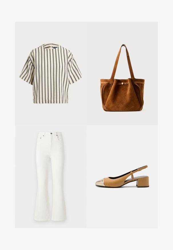 Short-sleeve, striped top in cream and navy, featuring a round neckline and boxy design with a textured fabric.; White flared jeans made of denim. High-waisted design with front pockets and a button closure. Smooth texture and minimal stitching details.; Tan leather slingback pump with a metallic gold cap toe, featuring a block heel and a slim adjustable strap. Smooth texture with minimal detailing.; Brown suede tote bag with dual handles, a button closure strap, and a relaxed, slightly slouchy shape.