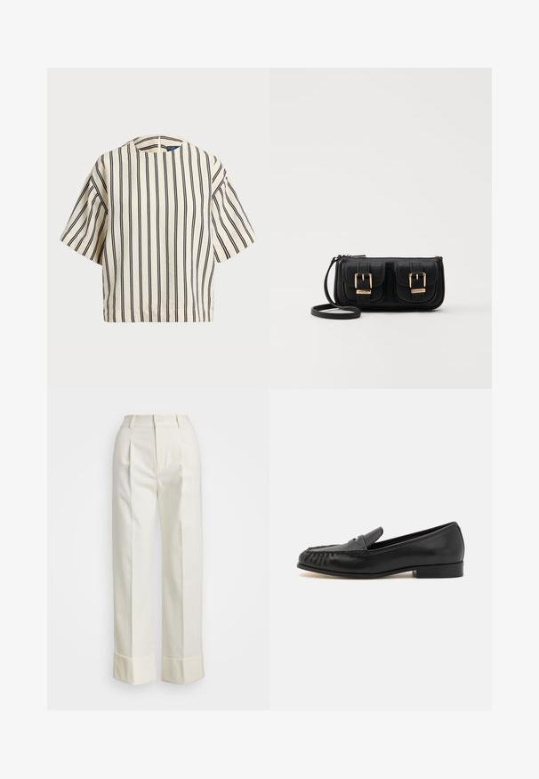 Kortærmet, stribet top i creme og marineblå, med rund halsudskæring og boxy design i et tekstureret stof.; Hvide skræddersyede bukser med høj talje, dobbelte frontfolder og vide ben med opfoldede manchetter. Fremstillet af en glat, struktureret stof.; Sorte læder loafers med en rund tå, der har et vævet design foran, lav hæl og glat finish. Ingen yderligere udsmykninger.; Sort læder crossbody taske med to frontlommer, guldspænder, lynlåslukning og en slank rem. Struktureret overflade og kompakt rektangulær form.