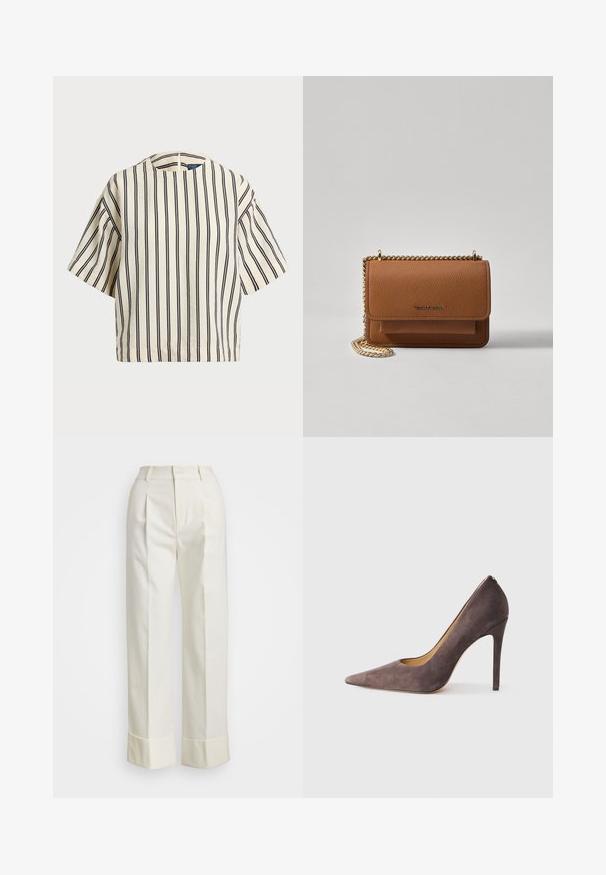 Kortærmet, stribet top i creme og marineblå, med rund halsudskæring og boxy design i et tekstureret stof.; Hvide skræddersyede bukser med høj talje, dobbelte frontfolder og vide ben med opfoldede manchetter. Fremstillet af en glat, struktureret stof.; Grå ruskind stiletter med spids tå og en slank silhuet. Har en glat overflade og en smal hæl for et moderne udseende.; Brun tekstureret læder crossover-taske med guldkæde-rem og klaplukning. Forsiden har logo-detalje og en lomme under klappen.