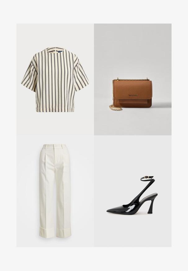 Kortärmad randig topp i krämfärgad och marinblå, med rund halsringning och fyrkantig design i en texturerad tyg.; Vita skräddarsydda byxor med hög midja, dubbla framveck och vida ben med vikta fållar. Tillverkade av ett slätt, texturerat tyg.; Svart patentläder slingback högklackade skor med spetsig tå, justerbar ankelsnodd och en måttlig blockklack. Slät yta med glansig finish.; Brun texturerad läder crossbody-väska med guldkedja och klaffstängning. Framsidan har logotypdetalj och en ficka under klaffen.