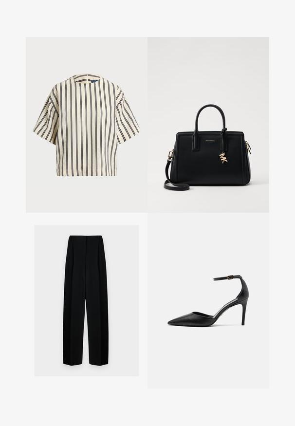 Krátký rukáv, pruhované tričko ve krémové a námořnické barvě, s kulatým výstřihem a širokým střihem z texturovaného materiálu.; Černé široké kalhoty s vysokým pasem, které mají sklady a hladký povrch. Tkanina vypadá lehce a krásně se splétá.; Stuart Weitzman STUART - Lodičky na vysokém podpatku - black; Černá kožená kabelka se strukturovaným designem, dvojitými horními uchy, odnímatelným ramenním popruhem, zlatými doplňky a akcentem ve formě logového charm.