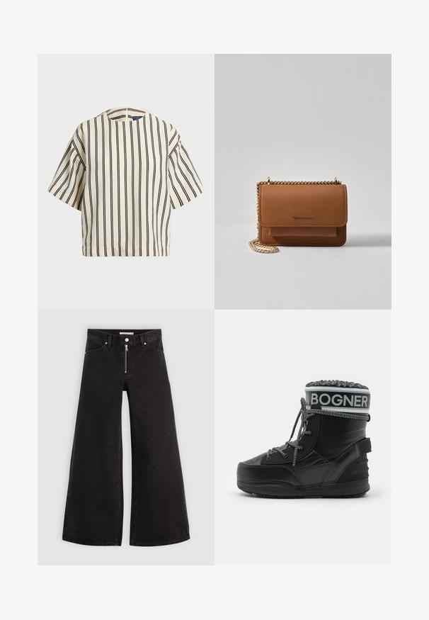 Top de manga corta a rayas en crema y azul marino, con cuello redondo y un diseño cuadrado, confeccionado en una tela texturizada.; Jeans de pierna ancha en denim negro con cierre frontal, diseño de cinco bolsillos y detalles de costura sutiles. Textura suave y estilo casual.; Botas de invierno negras con cordones, tobillo acolchado, marca reflectante "BOGNER" y suela texturizada para tracción, mostradas en perfil lateral.; Bolso crossbody de cuero texturizado marrón con correa de cadena dorada y cierre de solapa. La parte frontal presenta un detalle de logo y un bolsillo debajo de la solapa.